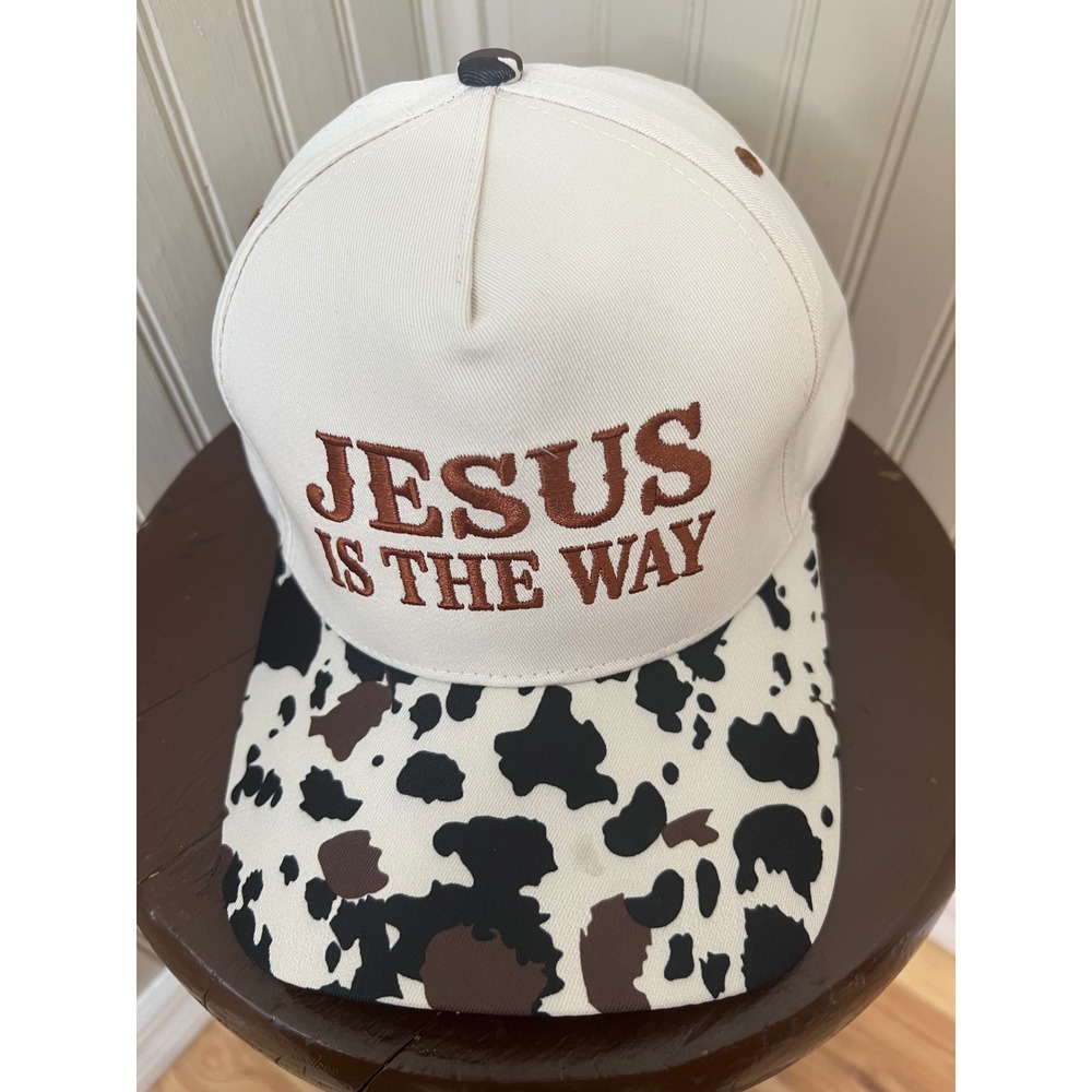 Jesus Is The Way Trucker Hat Cow Print Brim Cream Snapback Baseball Cap